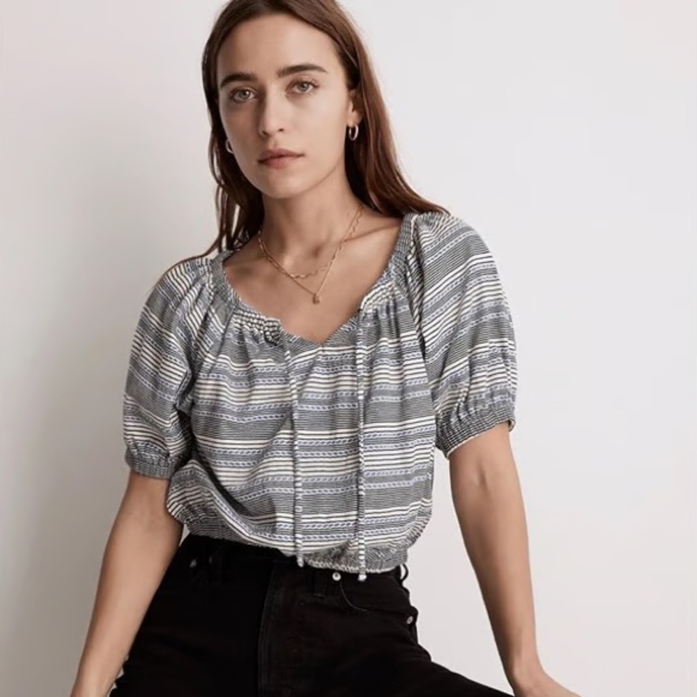 New Madewell Womans Sz Small Blouse Striped Jacquard Keyhole Crop Top NWT